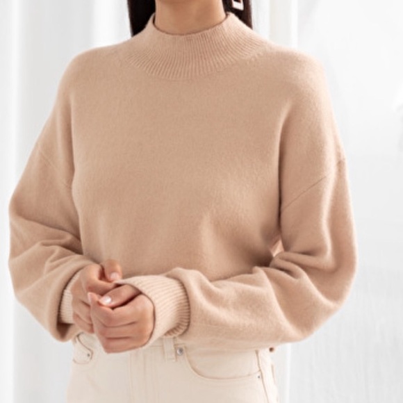 & Other Stories Mock Neck Sweater Cropped Hem Straight Box Bodice Large Caramel - Picture 14 of 14